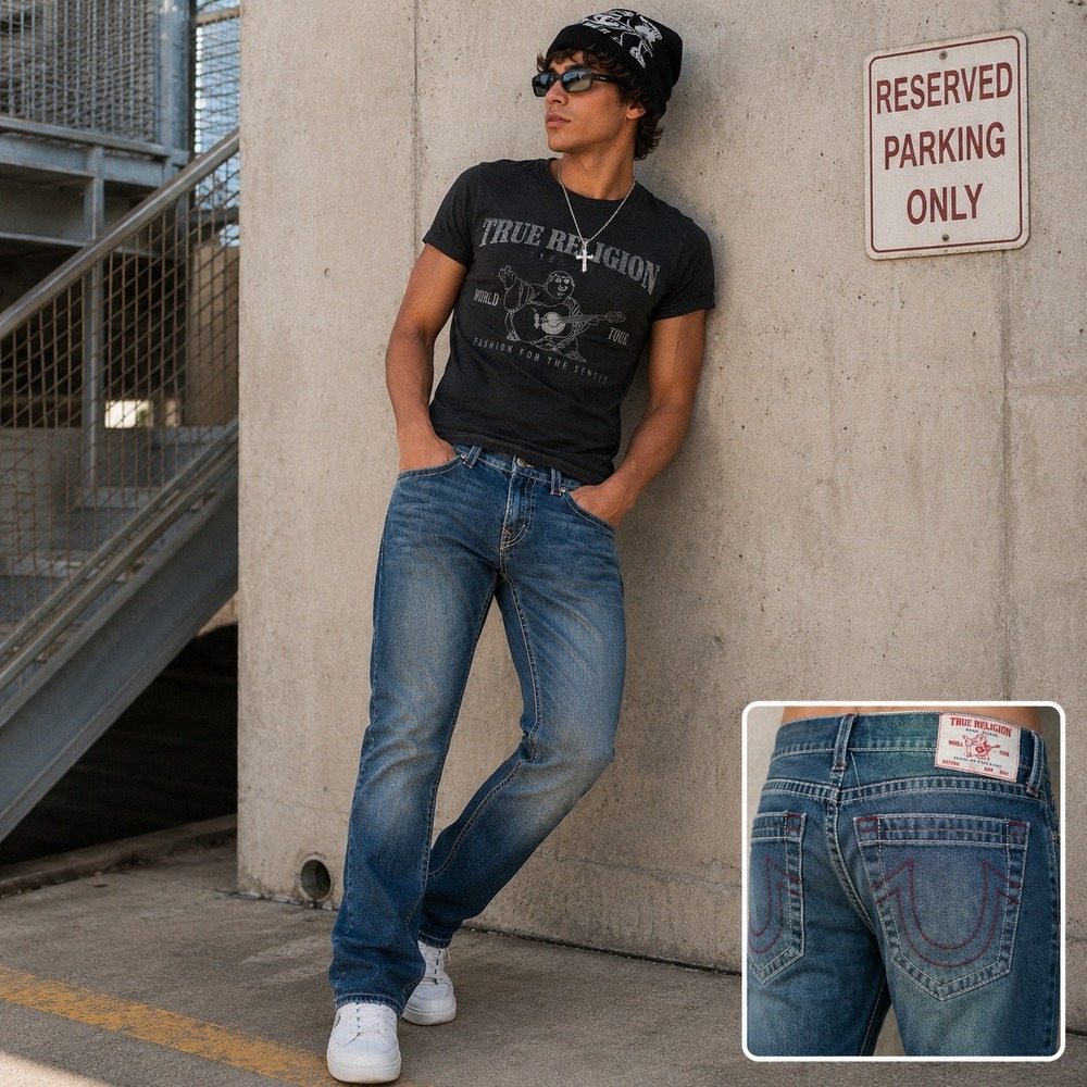 True‎ Religion Mens Rocco Relaxed Skinny Jeans Sz 34 Red Stitch Designer Denim